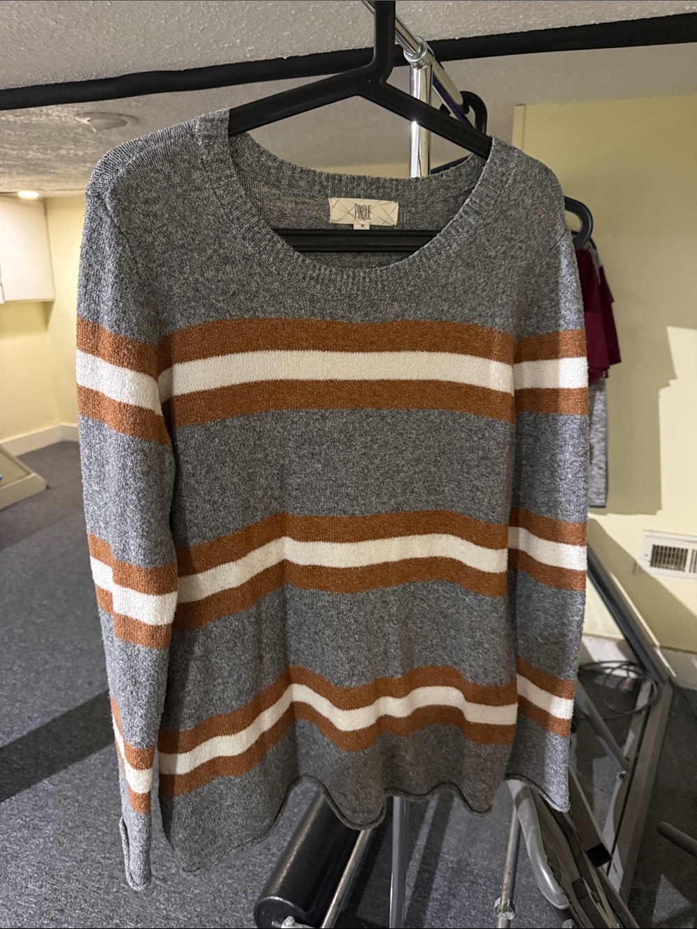 Men's Gray Stripe Crewneck Sweater with Brown and Cream Bands